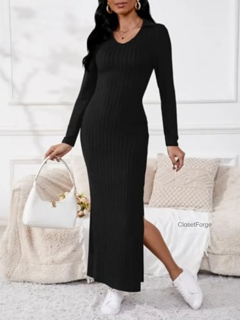 Long Sleeve V Neck Maxi Sweater Dress Sexy Bodycon Ribbed Knit - Picture 2 of 5